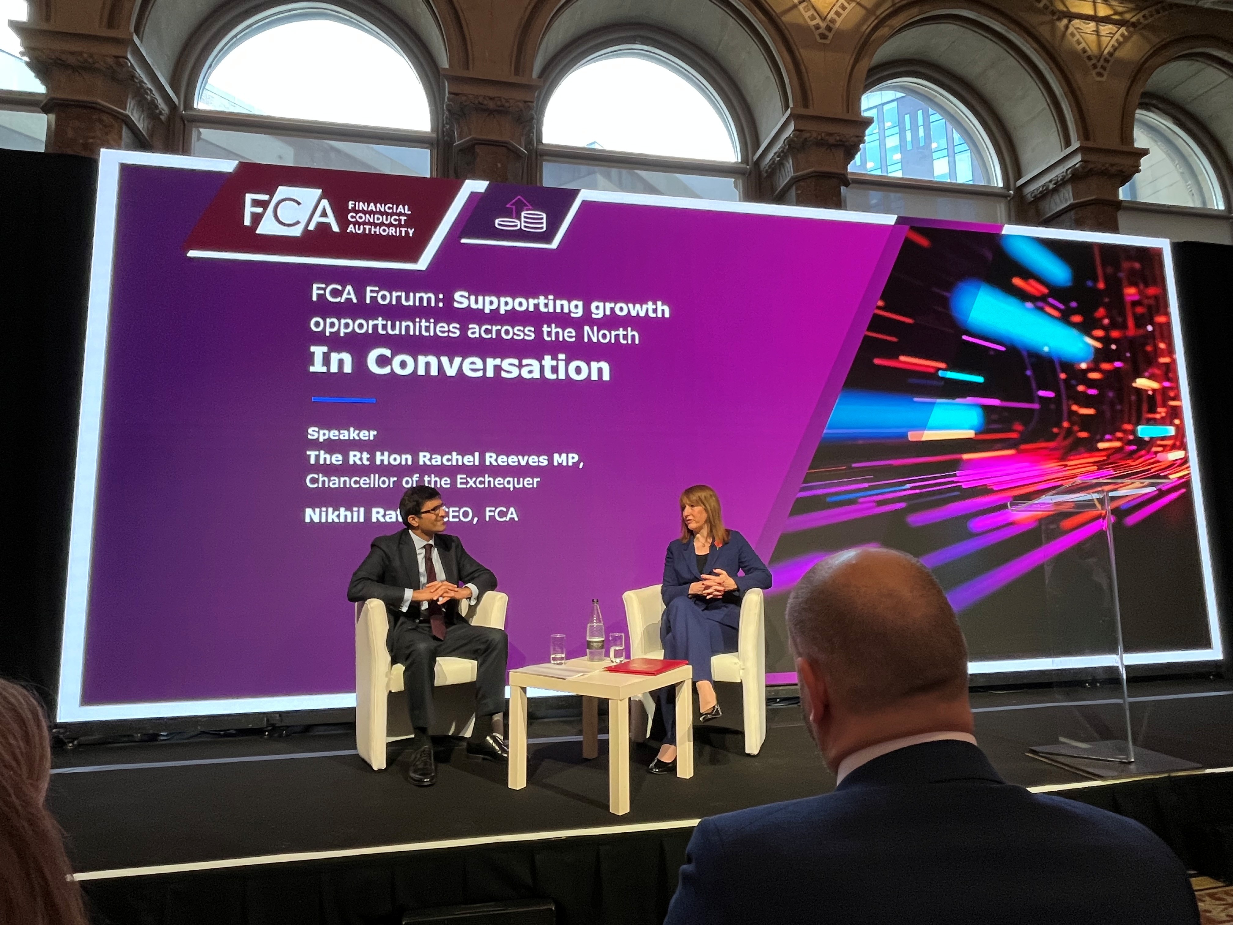 Rachel Reeves speaking with Nikhil Rathi at FCA Forum